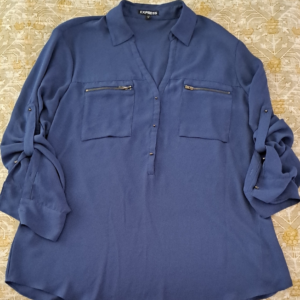 Express Blue Boxy Blouse with Notched Collar Large.